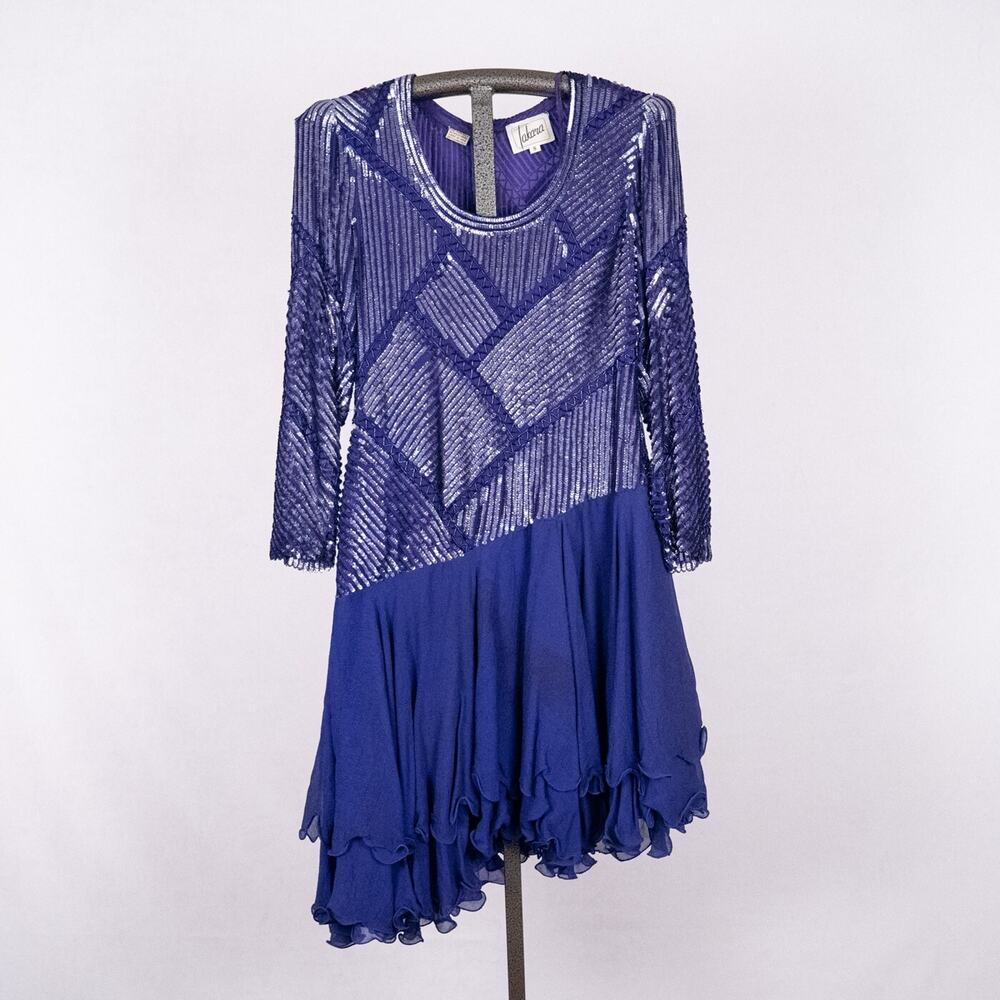 Vintage 80s Beaded Silk Cocktail Dress Women's SMALL Ruffle Asymmetric Hem Blue